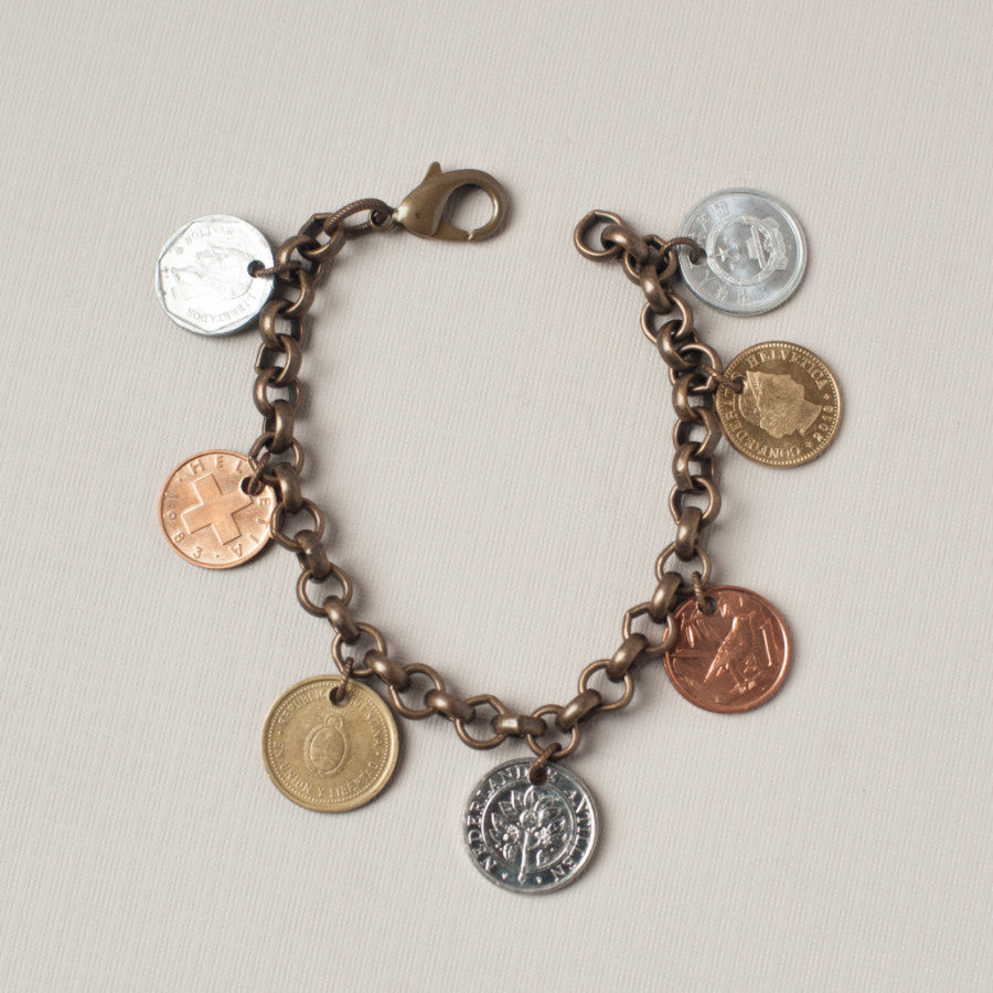 family history bracelet - coin bracelet - foreign coin jewelry